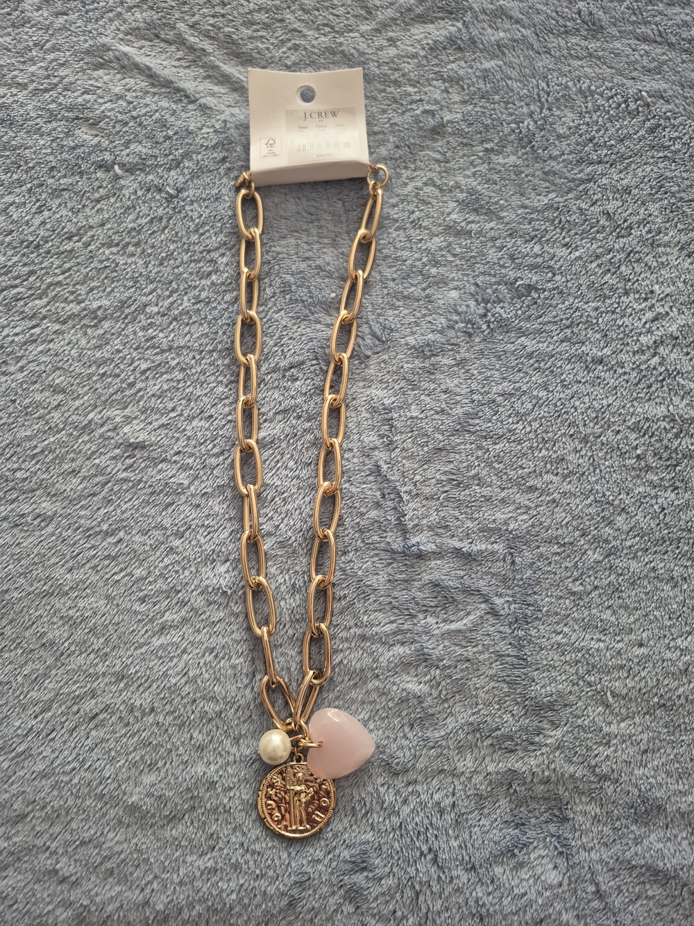 Chunky J. Crew Gold Chain Necklace with Pink Heart and Pearl Charm